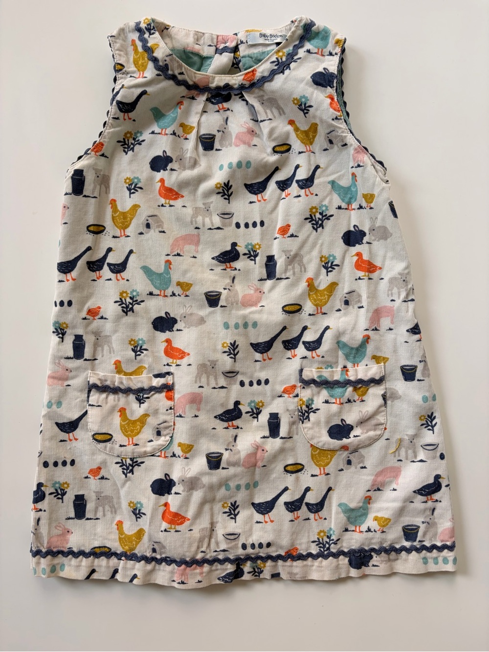 Baby Boden Cream Farmyard Print Cord Dress with Blue Trim